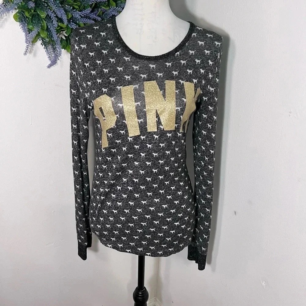 Victoria's Secret Pink, S, dark gray sleep shirt with little white puppies